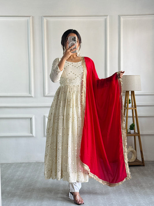 Designer Party Wear Heavy Faux Georgette Gown and Pant Set with Full Sleeve Embroidery
