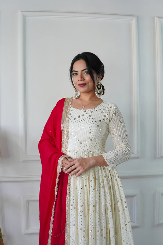 Designer Party Wear Heavy Faux Georgette Gown and Pant Set with Full Sleeve Embroidery