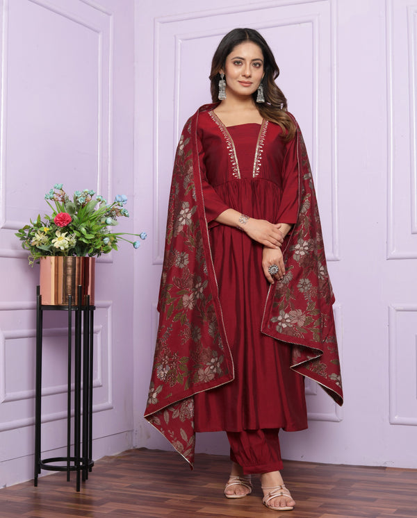 Silk Maroon Hand Embroidery Trendy Salwar Suit