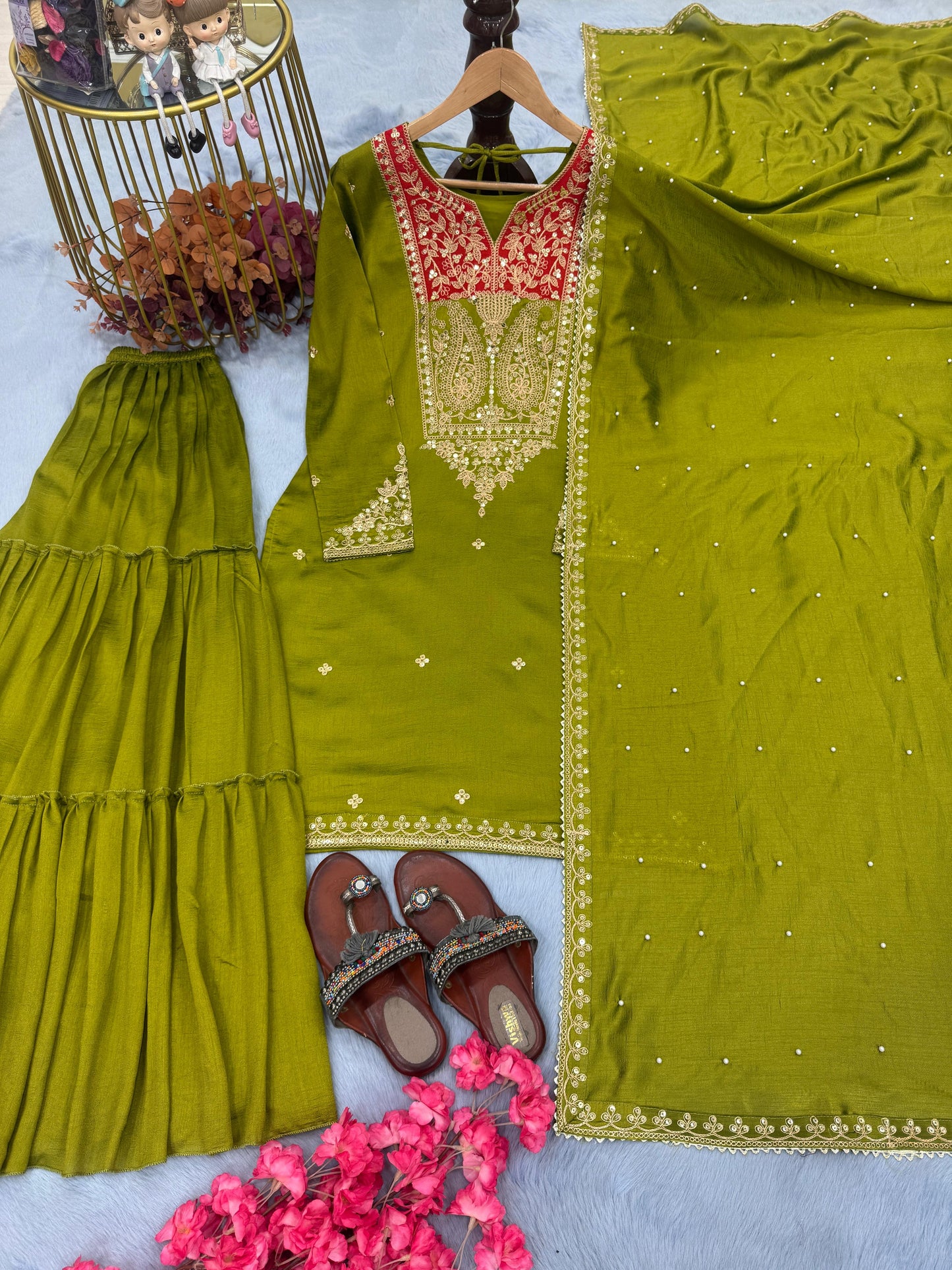 Off White Premium Designer Readymade Top Sharara Plazzo & Dupatta - Jaipur Blossom
