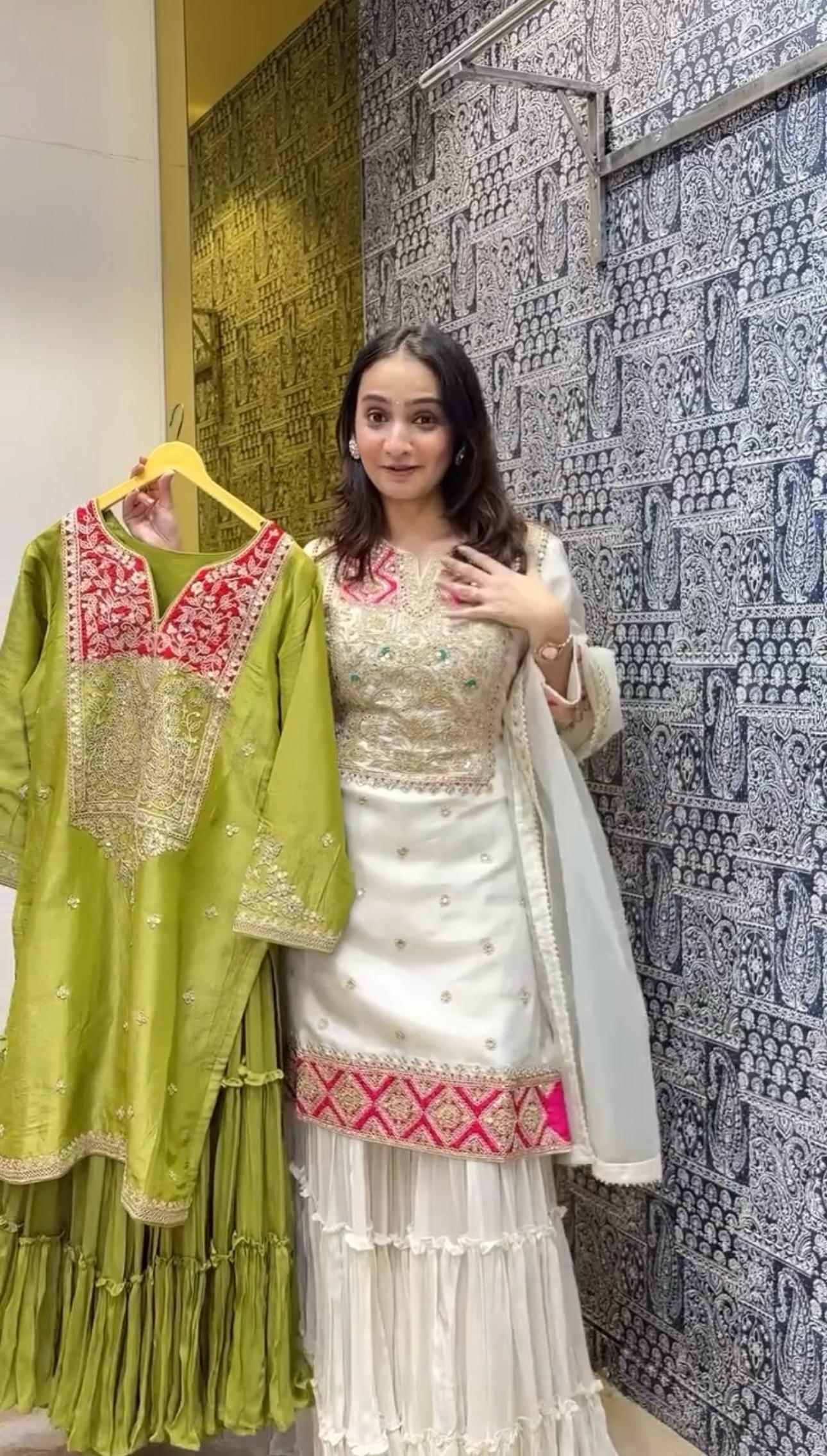 Off White Premium Designer Readymade Top Sharara Plazzo & Dupatta - Jaipur Blossom