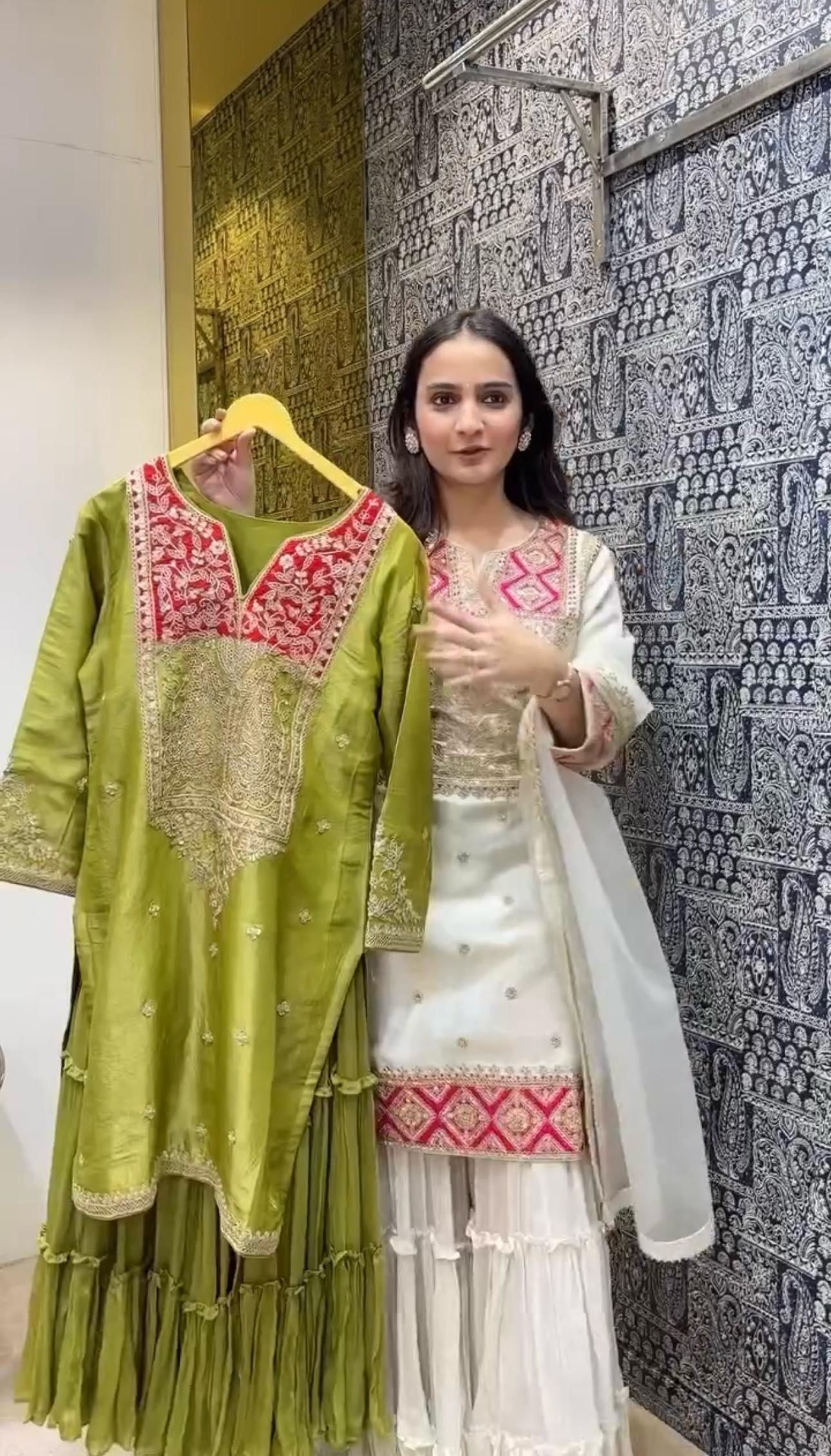 Off White Premium Designer Readymade Top Sharara Plazzo & Dupatta - Jaipur Blossom