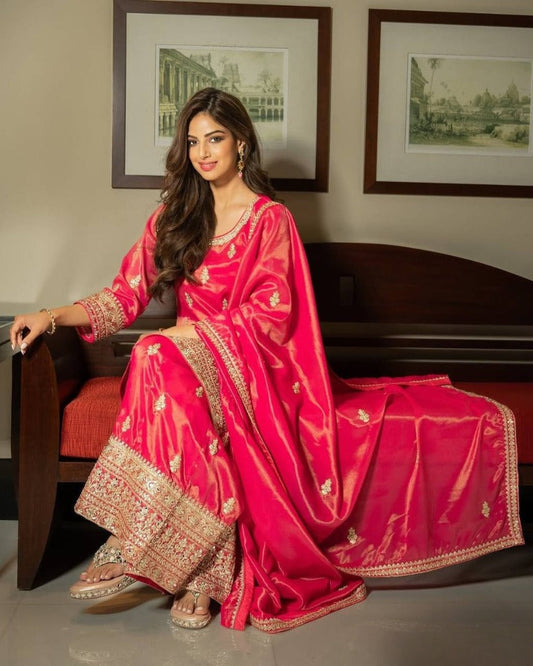 Statement Raspberry Pink Palazzo Set with Sequins and Codding Work - Jaipur Blossom