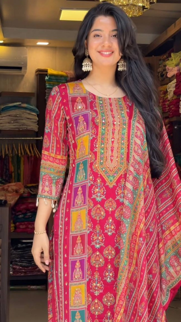 Maska Cotton Digital Print Top with Hand Mirror Work, Cotton Silk Pant & Dupatta