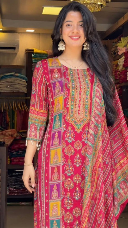 Maska Cotton Digital Print Top with Hand Mirror Work, Cotton Silk Pant & Dupatta