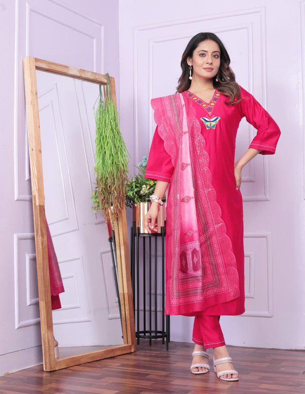 Beautiful V Neck Butterfly Work Pink Color Salwar Suit