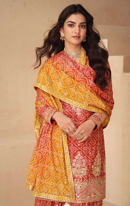 INDO ERA Bandhani Printed Zari Embroidered Stitched Suit Set - Jaipur Blossom