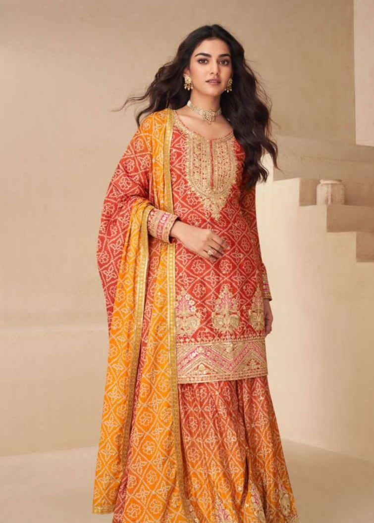 INDO ERA Bandhani Printed Zari Embroidered Stitched Suit Set - Jaipur Blossom
