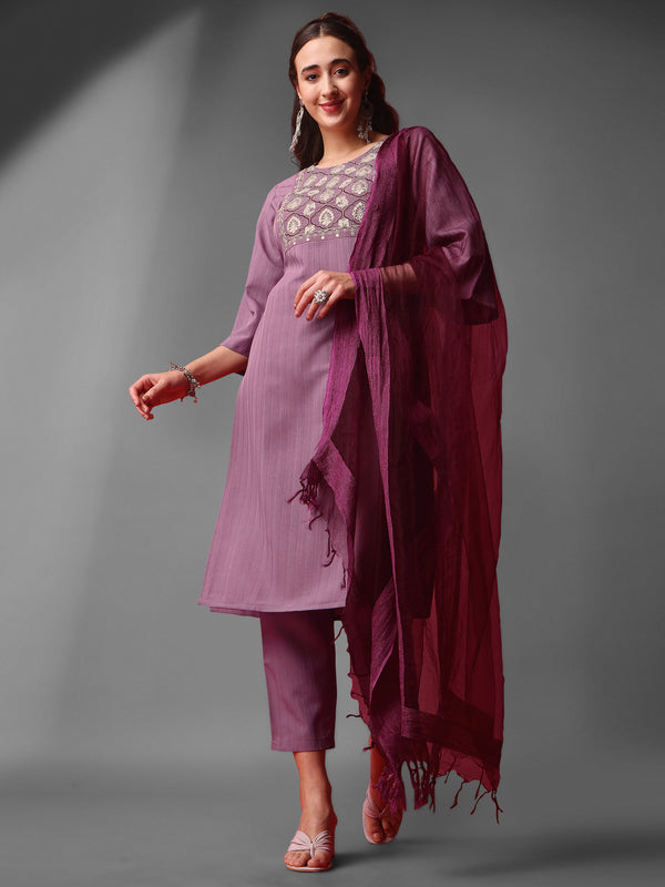 Women's Sequence Embroidery Silk Blend Ethnic Wear 3/4 Sleeve Round Neck Latest Kurti Pant & Dupatta