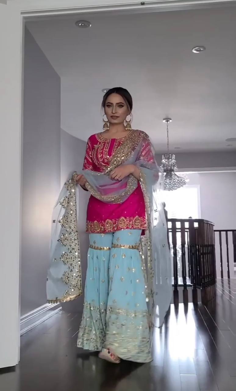 Premium Faux Georgette Embroidered Top and Sharara Plazzo with Stylish Butterfly Dupatta
