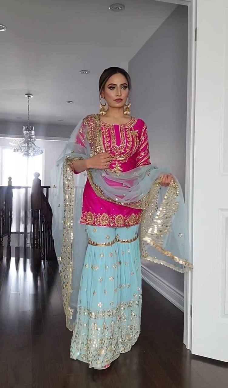 Premium Faux Georgette Embroidered Top and Sharara Plazzo with Stylish Butterfly Dupatta