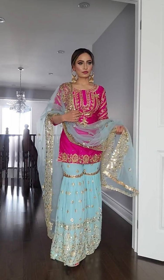Premium Faux Georgette Embroidered Top and Sharara Plazzo with Stylish Butterfly Dupatta