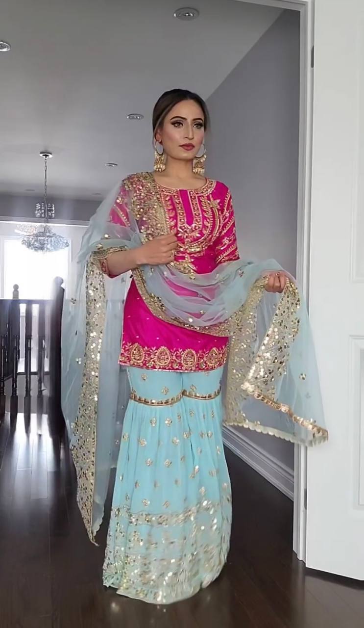 Premium Faux Georgette Embroidered Top and Sharara Plazzo with Stylish Butterfly Dupatta