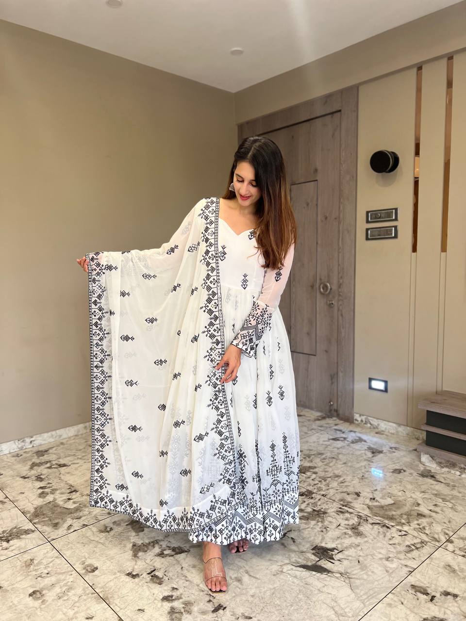 Designer Gown with 9mm Sequence and Embroidery Work, Cotton Pants & Embellished Dupatta