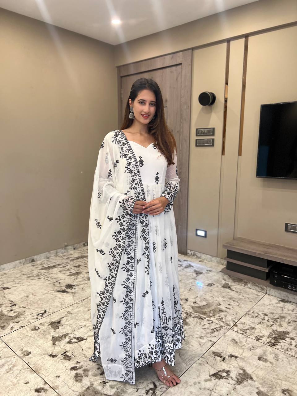 Designer Gown with 9mm Sequence and Embroidery Work, Cotton Pants & Embellished Dupatta