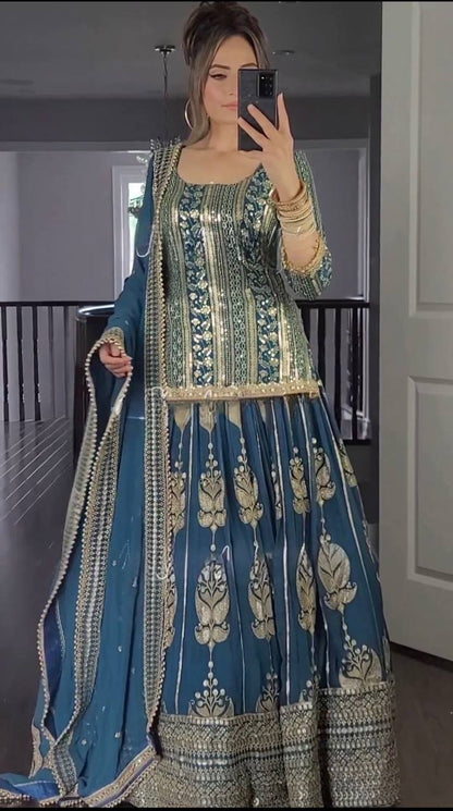 Faux Georgette Lehenga Set with Full Sleeve Top and Embellished Dupatta