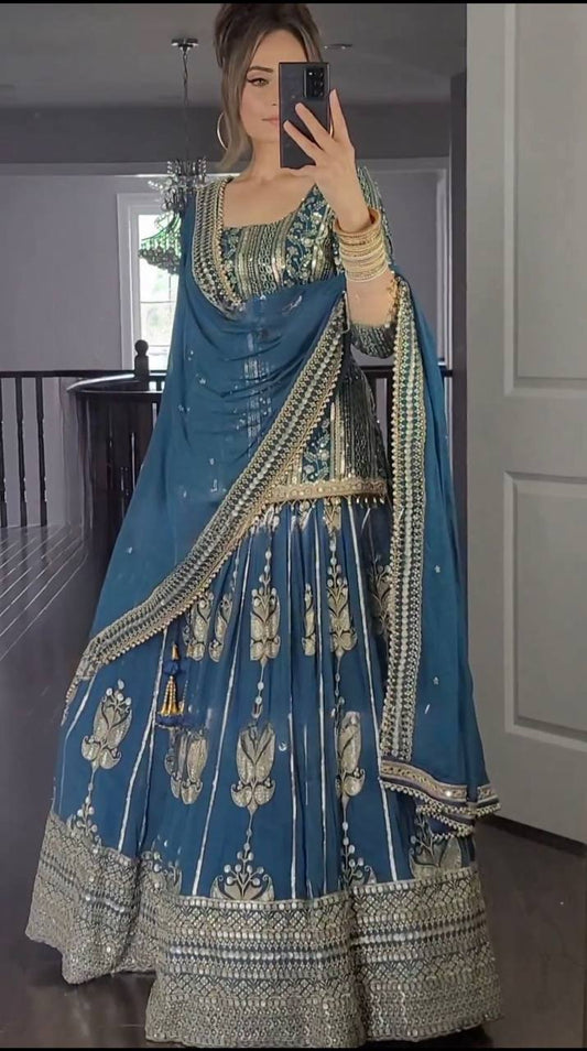 Faux Georgette Lehenga Set with Full Sleeve Top and Embellished Dupatta