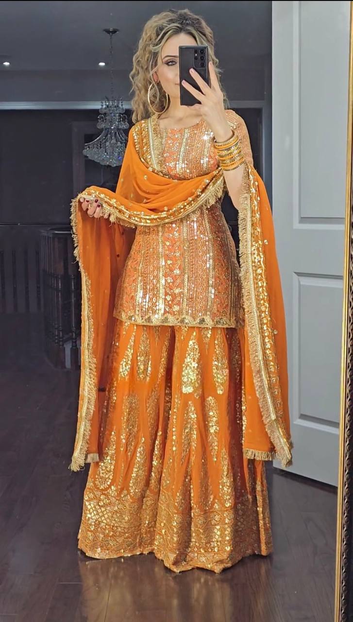 Statement Orange Ensemble with 5mm Sequin Embroidered Sharara and Matching Dupatta