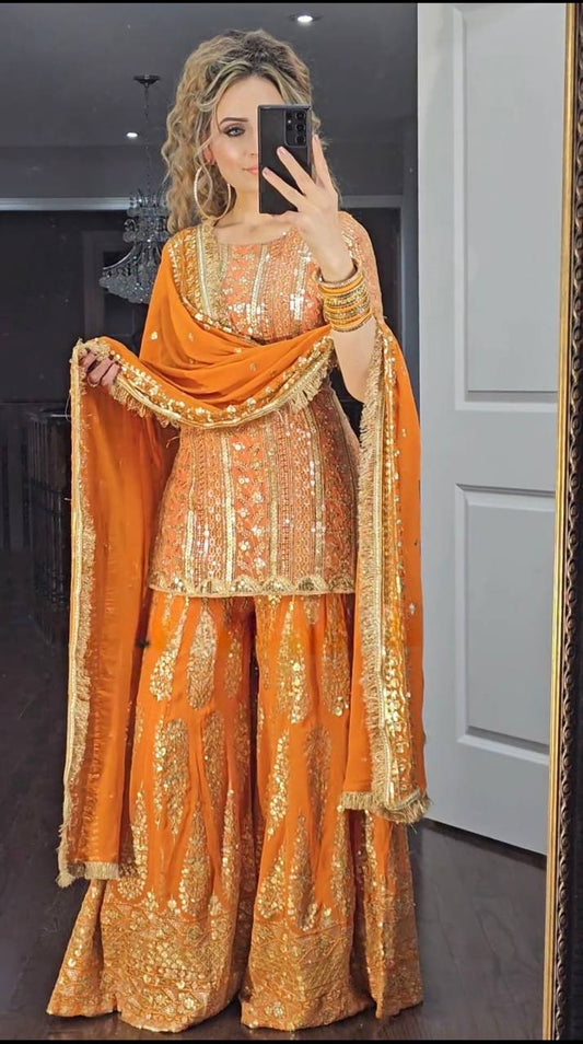 Statement Orange Ensemble with 5mm Sequin Embroidered Sharara and Matching Dupatta
