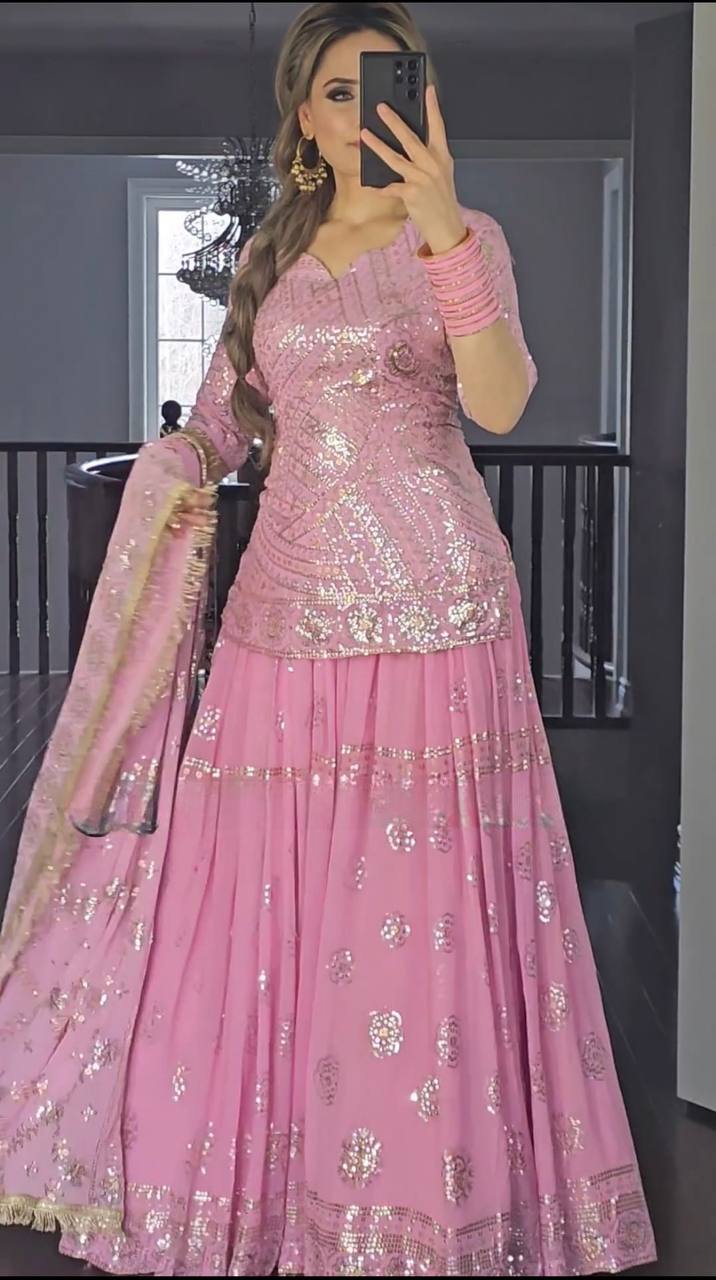 Premium Lehenga Set in Faux Georgette with Full Sleeve Top and Fancy Lace Dupatta