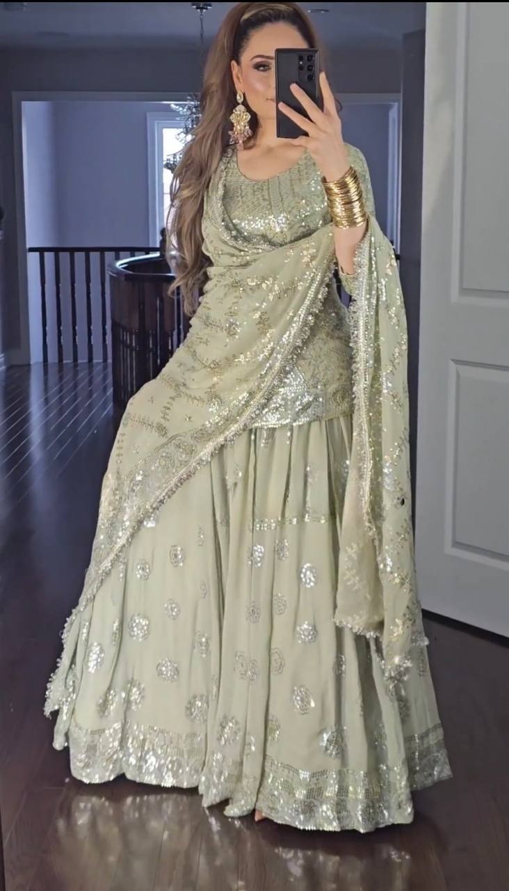 Premium Lehenga Set in Faux Georgette with Full Sleeve Top and Fancy Lace Dupatta