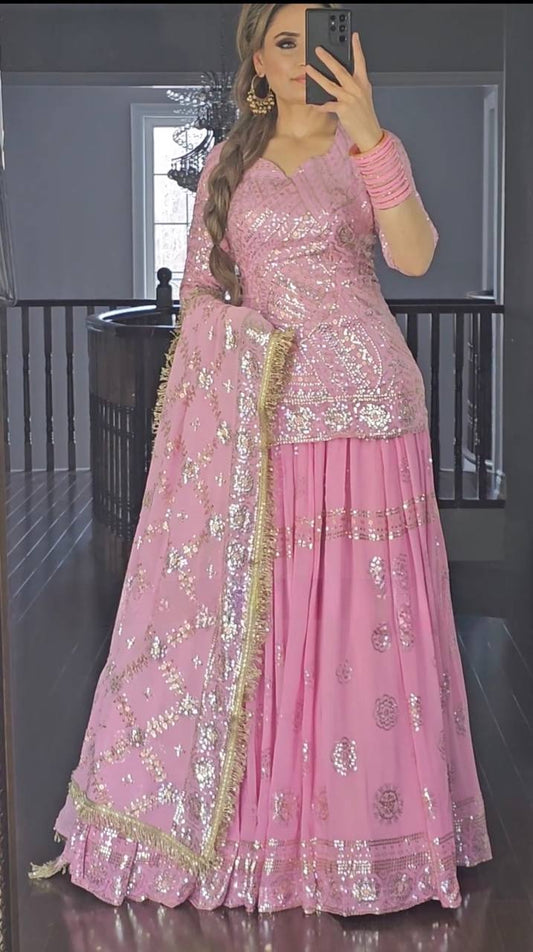 Premium Lehenga Set in Faux Georgette with Full Sleeve Top and Fancy Lace Dupatta