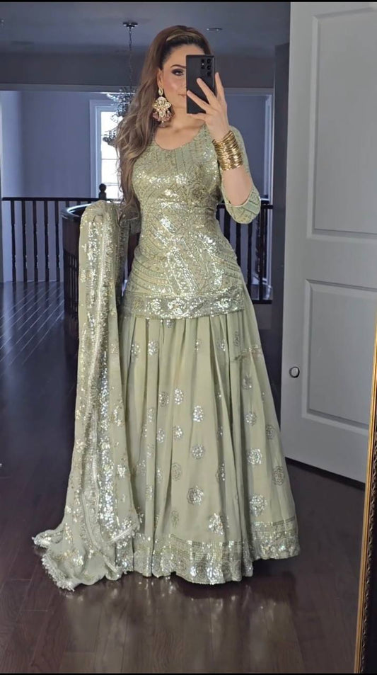 Premium Lehenga Set in Faux Georgette with Full Sleeve Top and Fancy Lace Dupatta