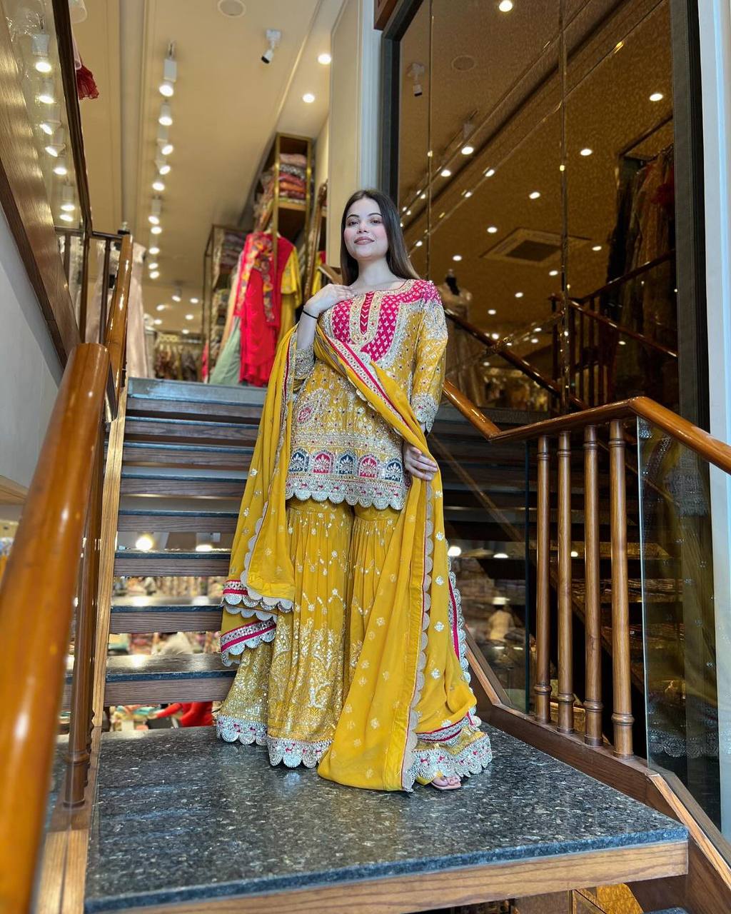 Embroidered 5mm Sequence Faux Georgette Sharara Set with Full Sleeve Top and Dupatta