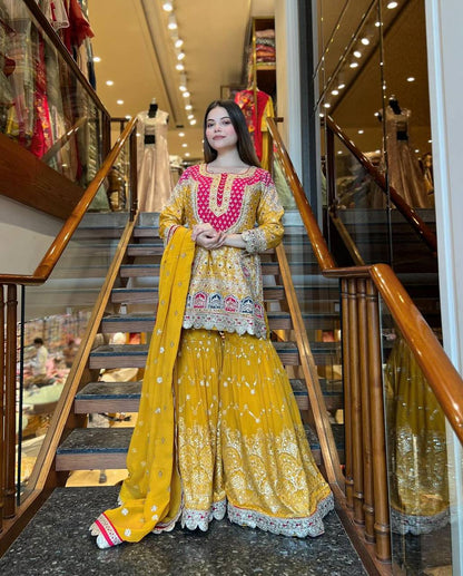 Embroidered 5mm Sequence Faux Georgette Sharara Set with Full Sleeve Top and Dupatta