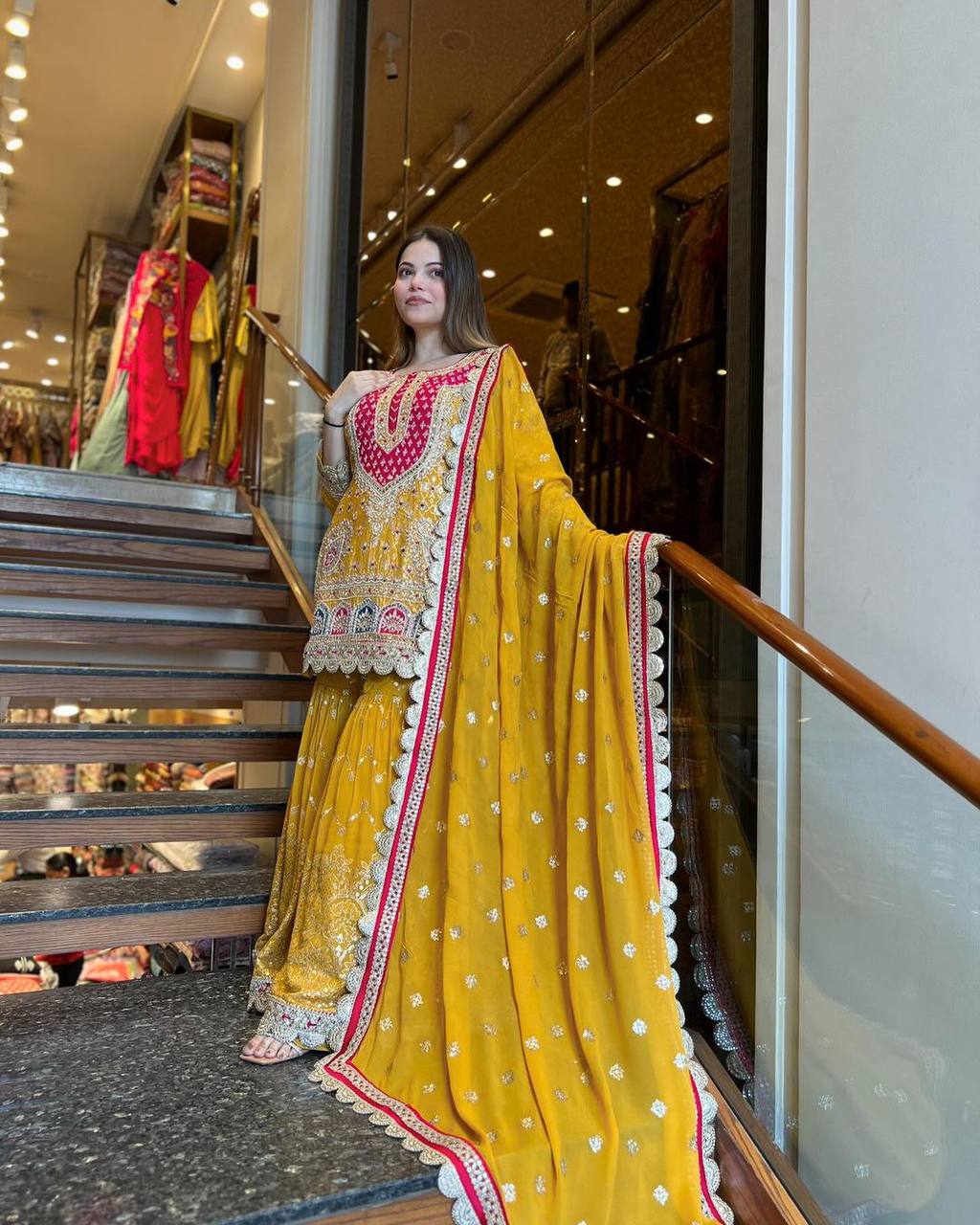 Embroidered 5mm Sequence Faux Georgette Sharara Set with Full Sleeve Top and Dupatta