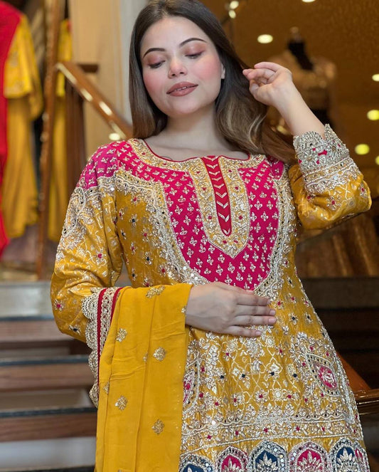 Embroidered 5mm Sequence Faux Georgette Sharara Set with Full Sleeve Top and Dupatta
