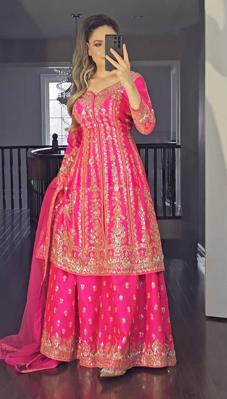 Heavy Faux Georgette Top and Sharara Set with 5mm Sequence Work and Dupatta