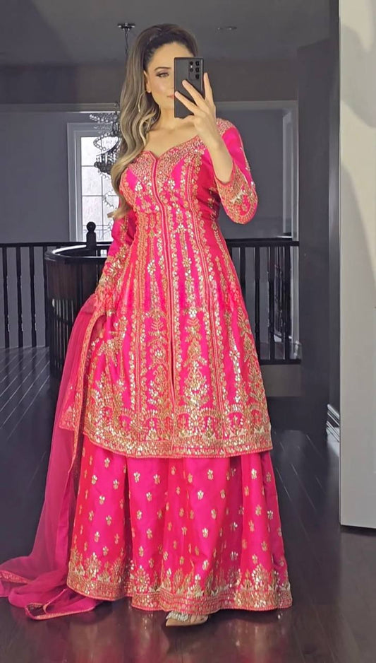 Heavy Faux Georgette Top and Sharara Set with 5mm Sequence Work and Dupatta