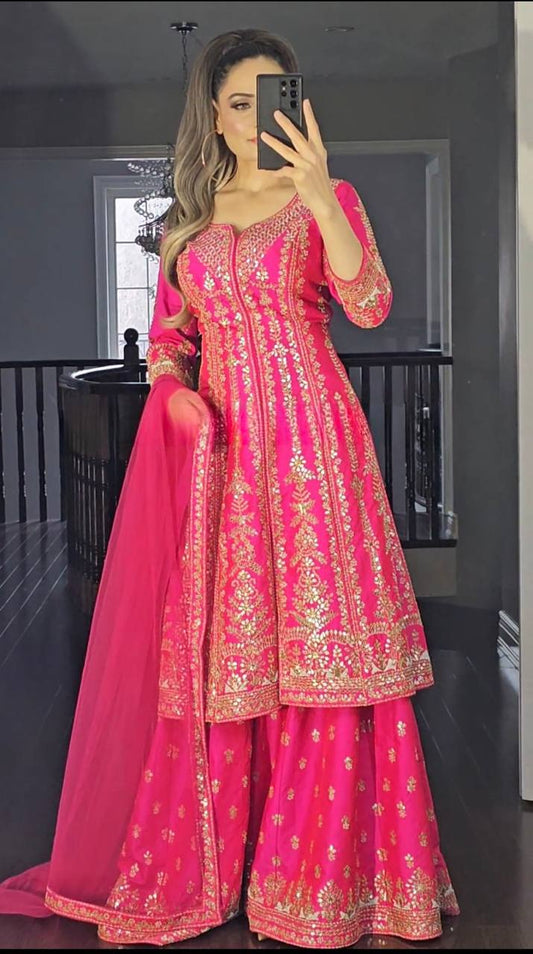 Heavy Faux Georgette Top and Sharara Set with 5mm Sequence Work and Dupatta