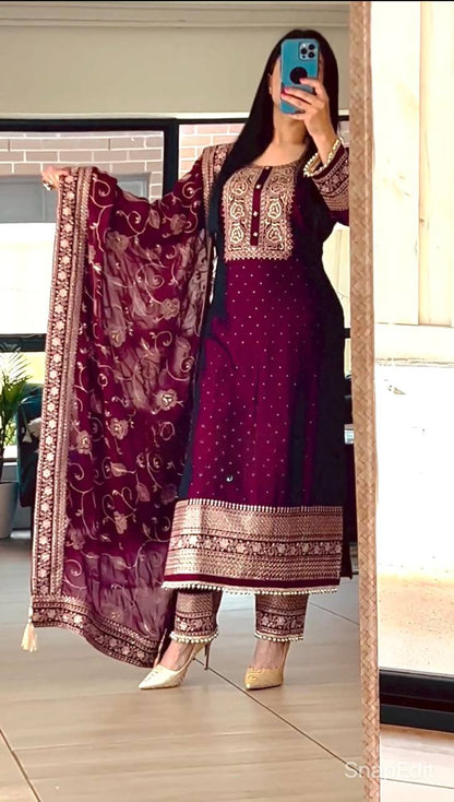 Fancy Style Long Suit Set Featuring Heavy Sequence and Diamond Hand Embroidery on Pure Chinon Silk