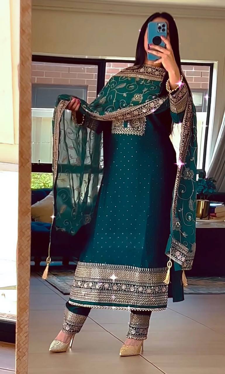 Fancy Style Long Suit Set Featuring Heavy Sequence and Diamond Hand Embroidery on Pure Chinon Silk