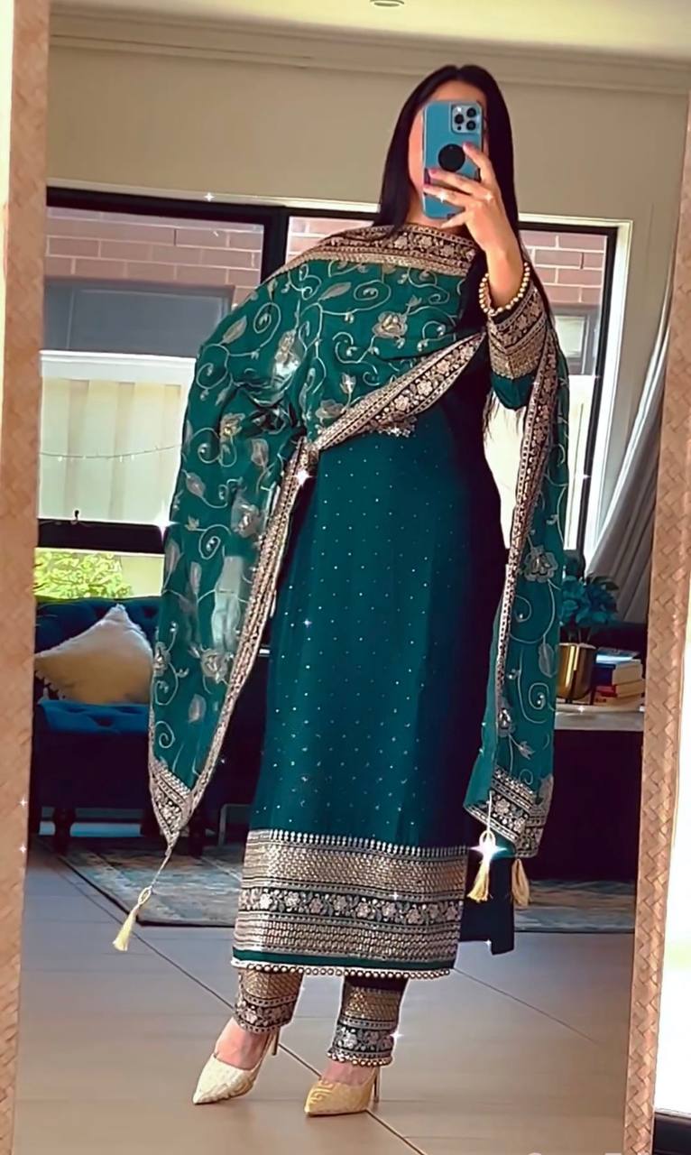 Fancy Style Long Suit Set Featuring Heavy Sequence and Diamond Hand Embroidery on Pure Chinon Silk