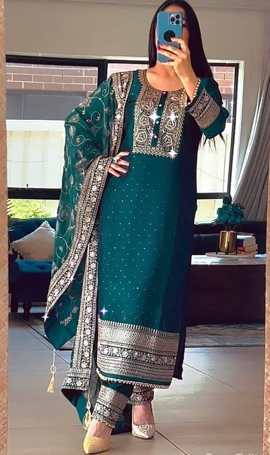 Fancy Style Long Suit Set Featuring Heavy Sequence and Diamond Hand Embroidery on Pure Chinon Silk