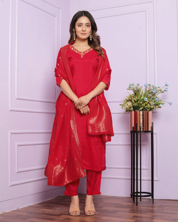 Festive Wear Red Color Muslin Salwar Suit