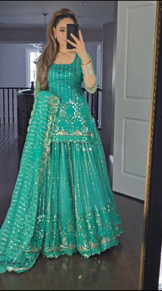 Premium Faux Georgette Lehenga Set with Stitched Full Sleeve Top and Embroidered Dupatta