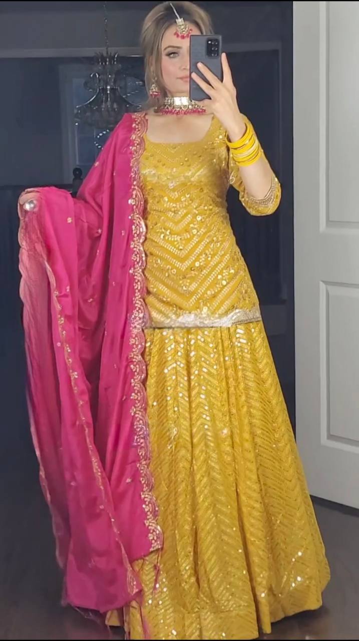 Designer Yellow Faux Georgette Lehenga Set with Full Sleeve Top and 5mm Sequence Border Dupatta