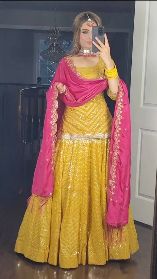 Designer Yellow Faux Georgette Lehenga Set with Full Sleeve Top and 5mm Sequence Border Dupatta