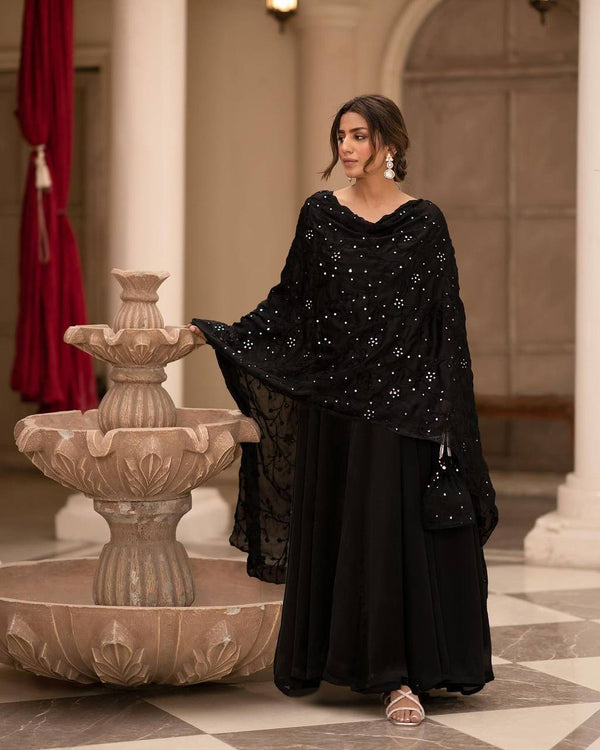 Black Plain Soft Georgette ANARKALI SUIT SET With Embroidery Duppatta