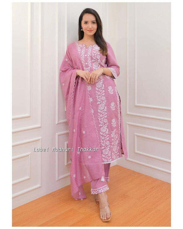 ONION PINK CHIKANKARI MUL COTTON SUIT