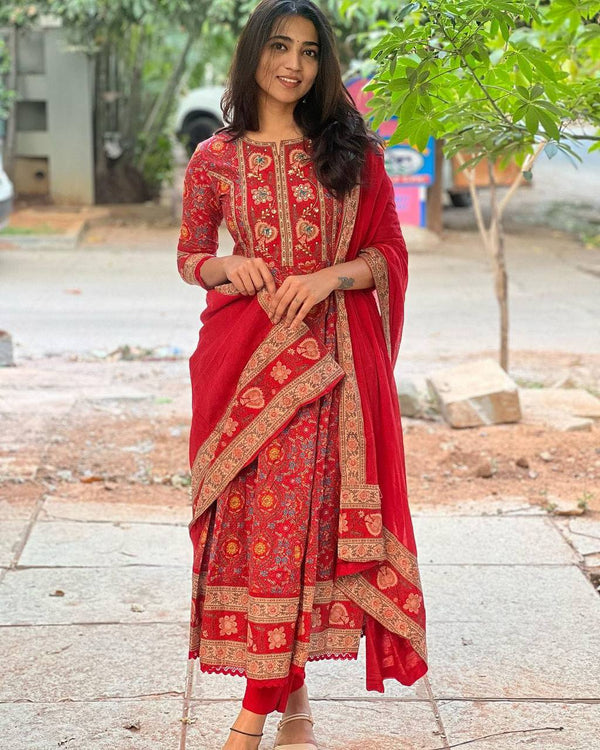 Red Floral Cotton Anarkali Kurta With Pant And Dupatta