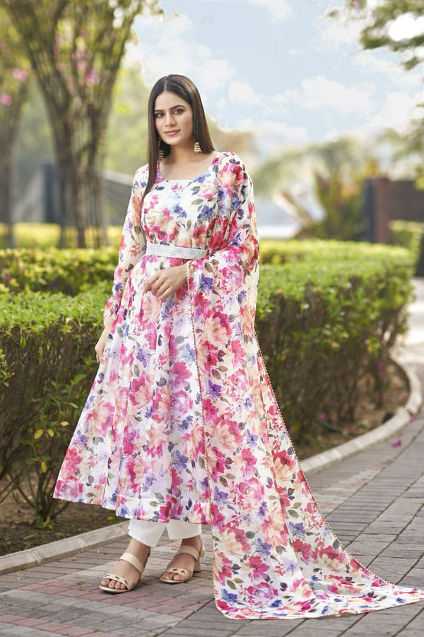 Pink Floral Organza Suit With Embroidered Dupatta