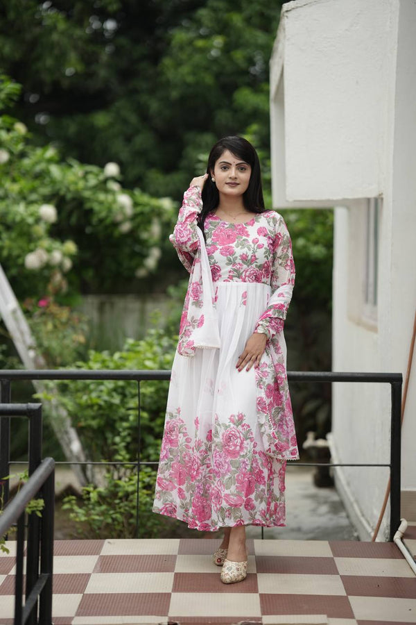 Flower Organza Printed Anarkali Gown With  Dupatta