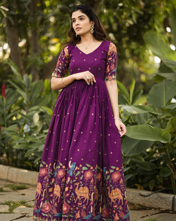 Opulent Kalamkari Print Purple Color Long Gown