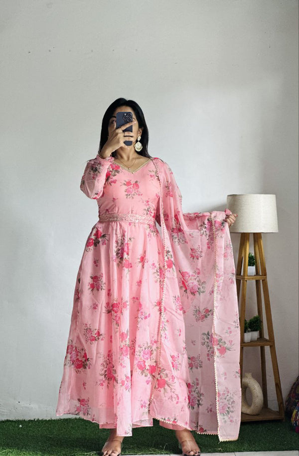 Printed Georgette Stitched Anarkali (Pink)