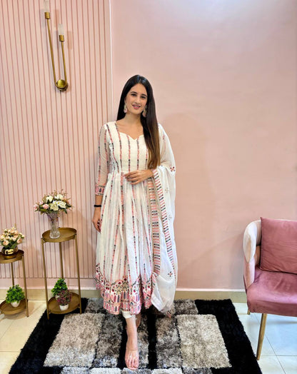 Designer White Gown with Heavy Sequence and Embroidery, Pant & Dupatta Set